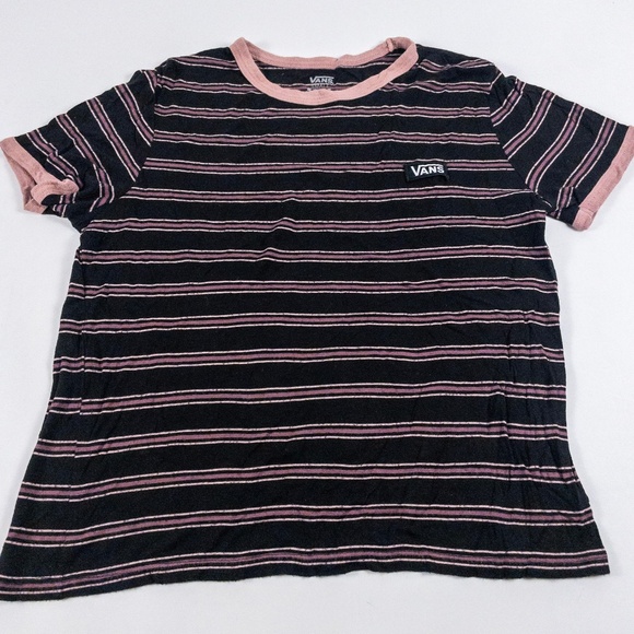 VANS Off the Wall Stretchy Striped Tee Pink Black Short Sleeved Top Size Small - Picture 1 of 3